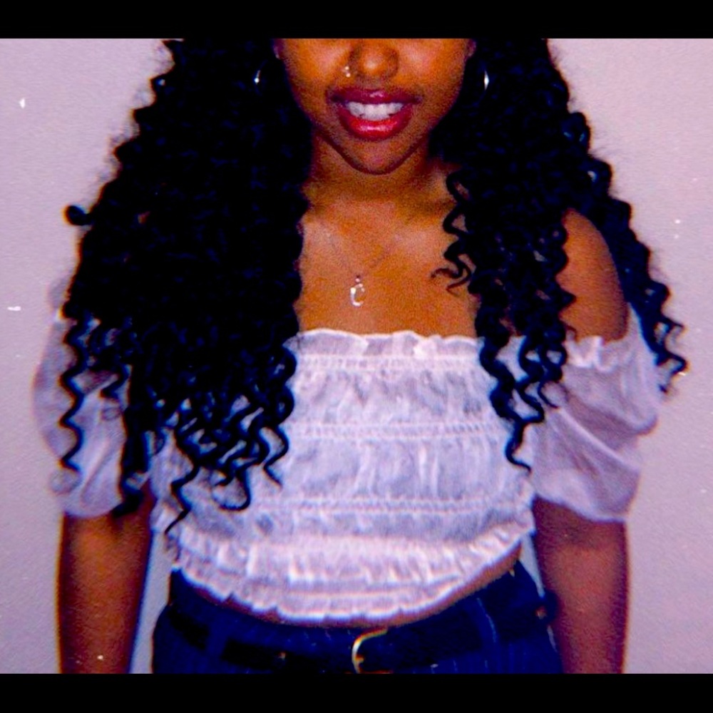 White frilly off the shoulder crop top